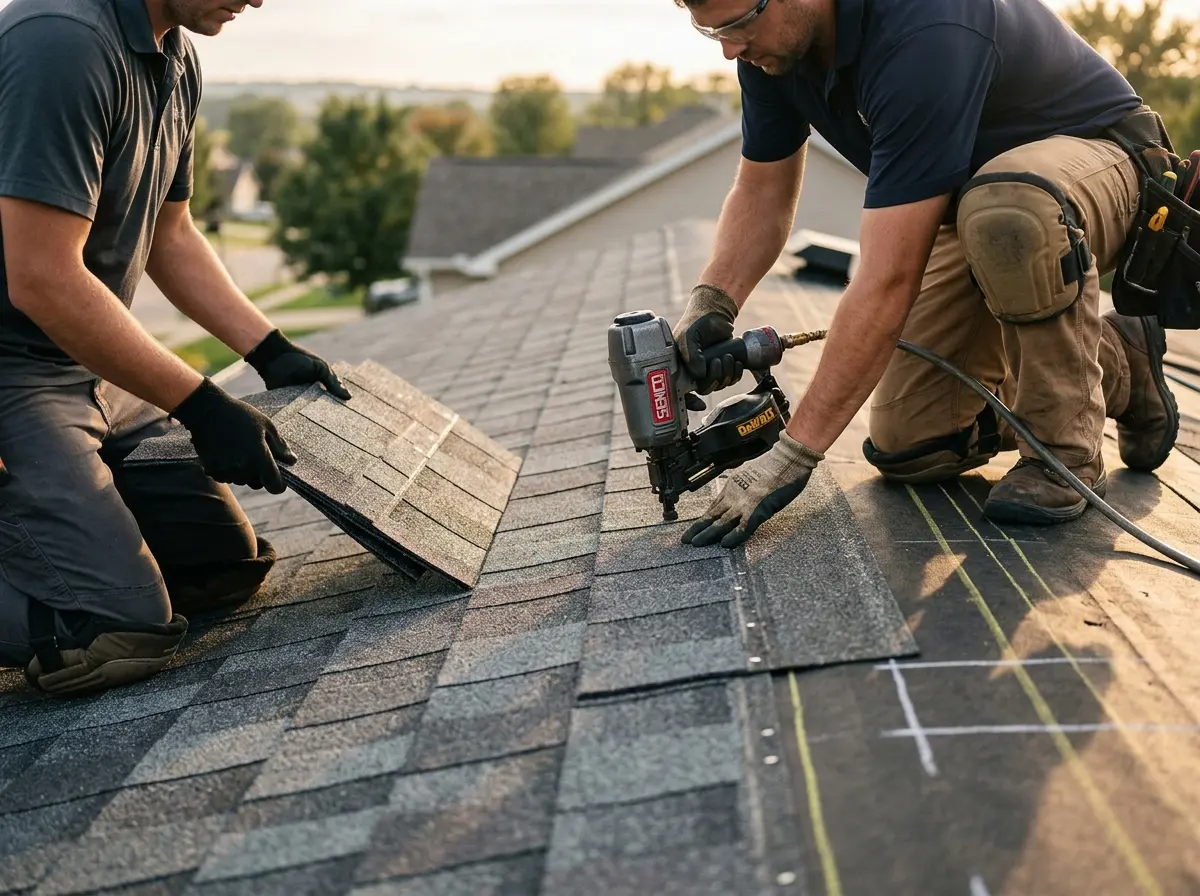 Professional roofer working on a residential roof in Jensen Beach